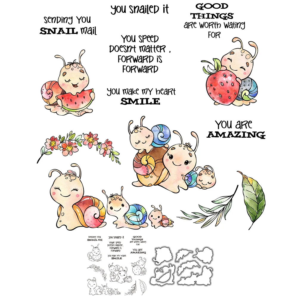 Mangocraft-귀여운 다채로운 달팽이 금속 절단 다이, 클리어 스탬프 DIY 스크랩북 컷 다이 실리콘 스탬프 종이 카드 장식
