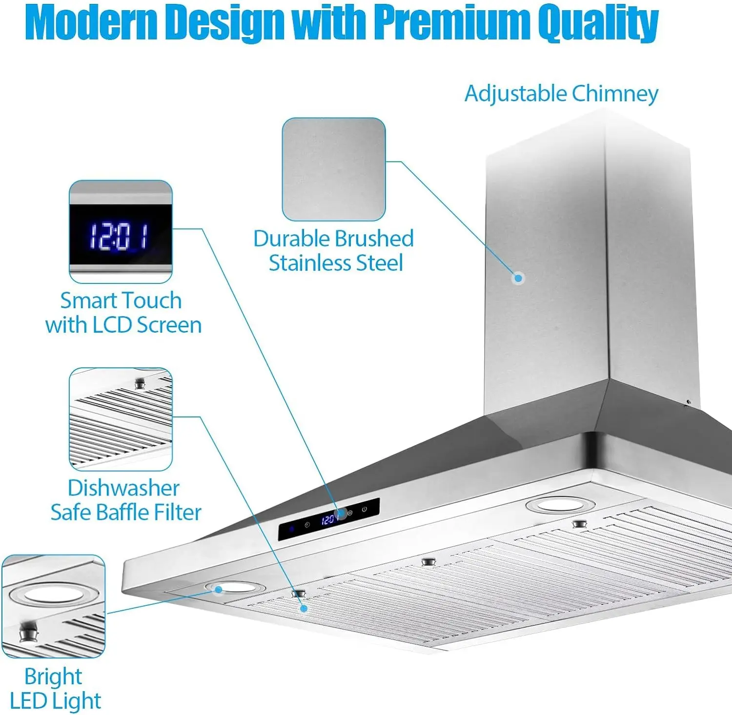 Tieasy 36 inch 700CFM Wall Mount Touch Panel Ducted/Ductless LED Lights Stainless Steel kitchen Range Hood USGD1090 4
