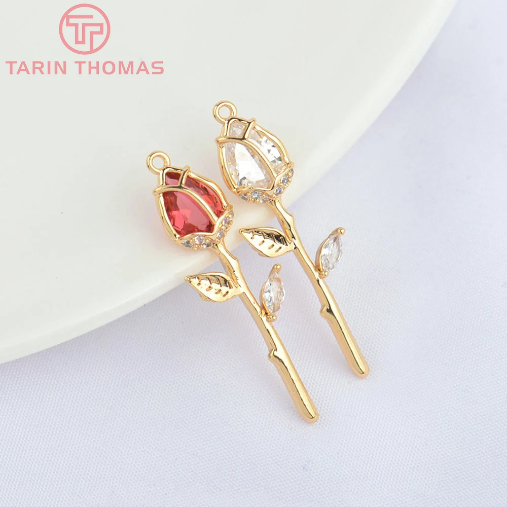 

(4819) 4PCS 9x29MM 24K Gold Color Brass with Zircon Rose Charms Pendants High Quality DIY Jewelry Making Findings Wholesale