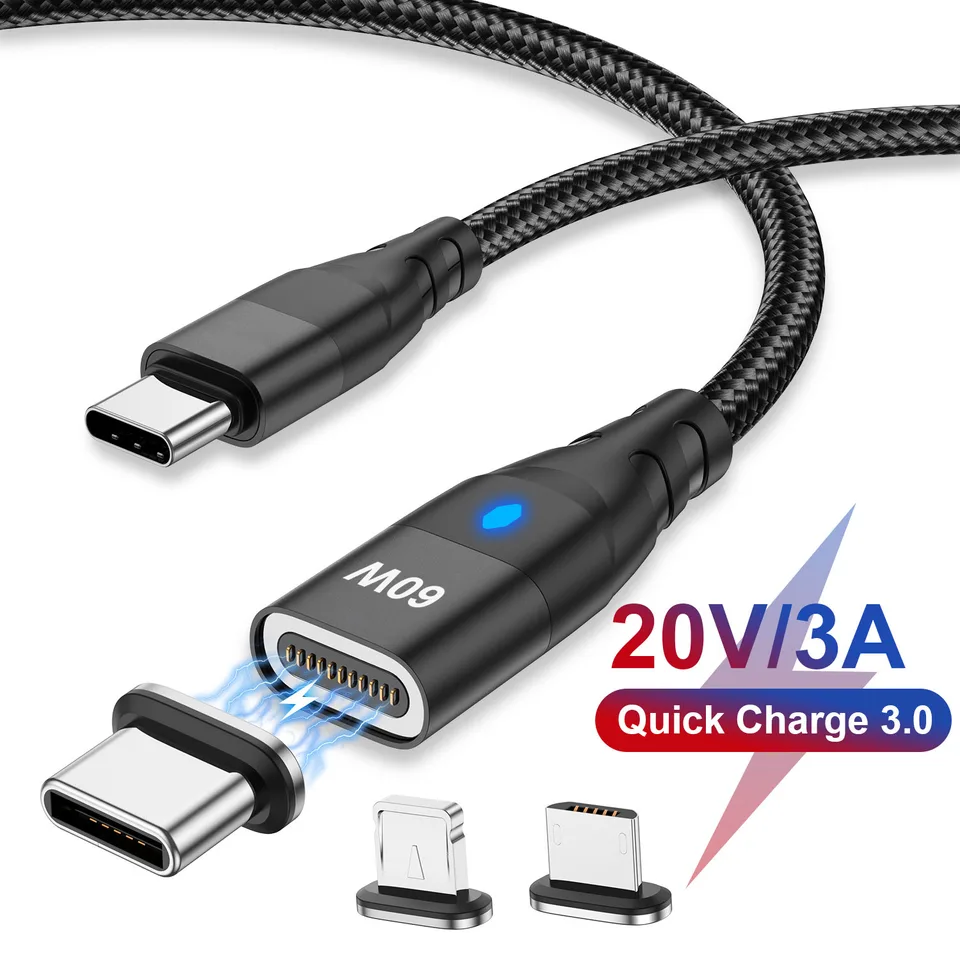 Cavo Magnetico PD 60W 3 In 1 Da 2 Metri - Ricarica Rapida E Sincronizzazione Dati Con Punte Magnetiche Per Type-C, Micro E Light - 3