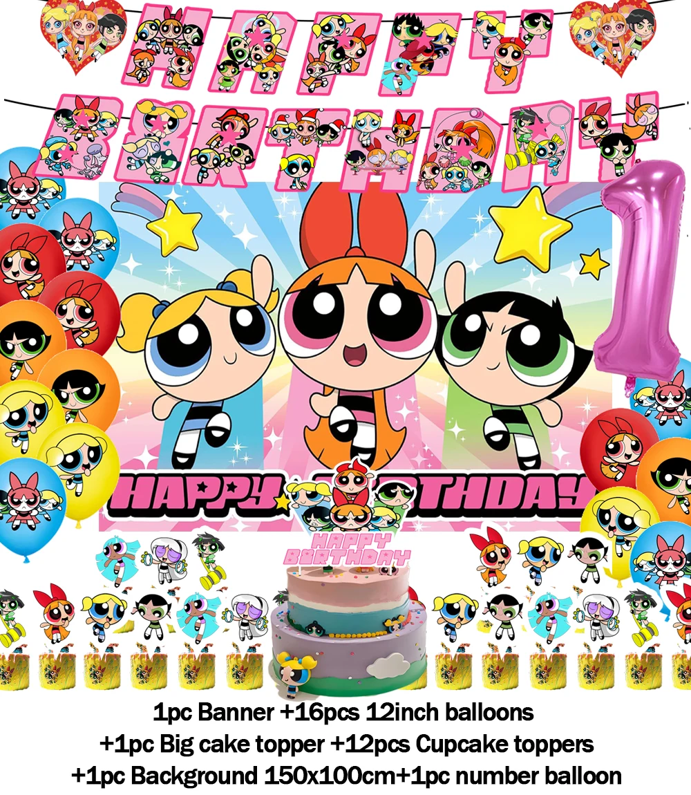 The Powerpuff Girls Geburtstagsparty-Dekorationshintergrund, großäugiger, süßer Kinderhintergrund, Ballonbanner, Babyparty, Kindergeschenkzubehör – Detail 1