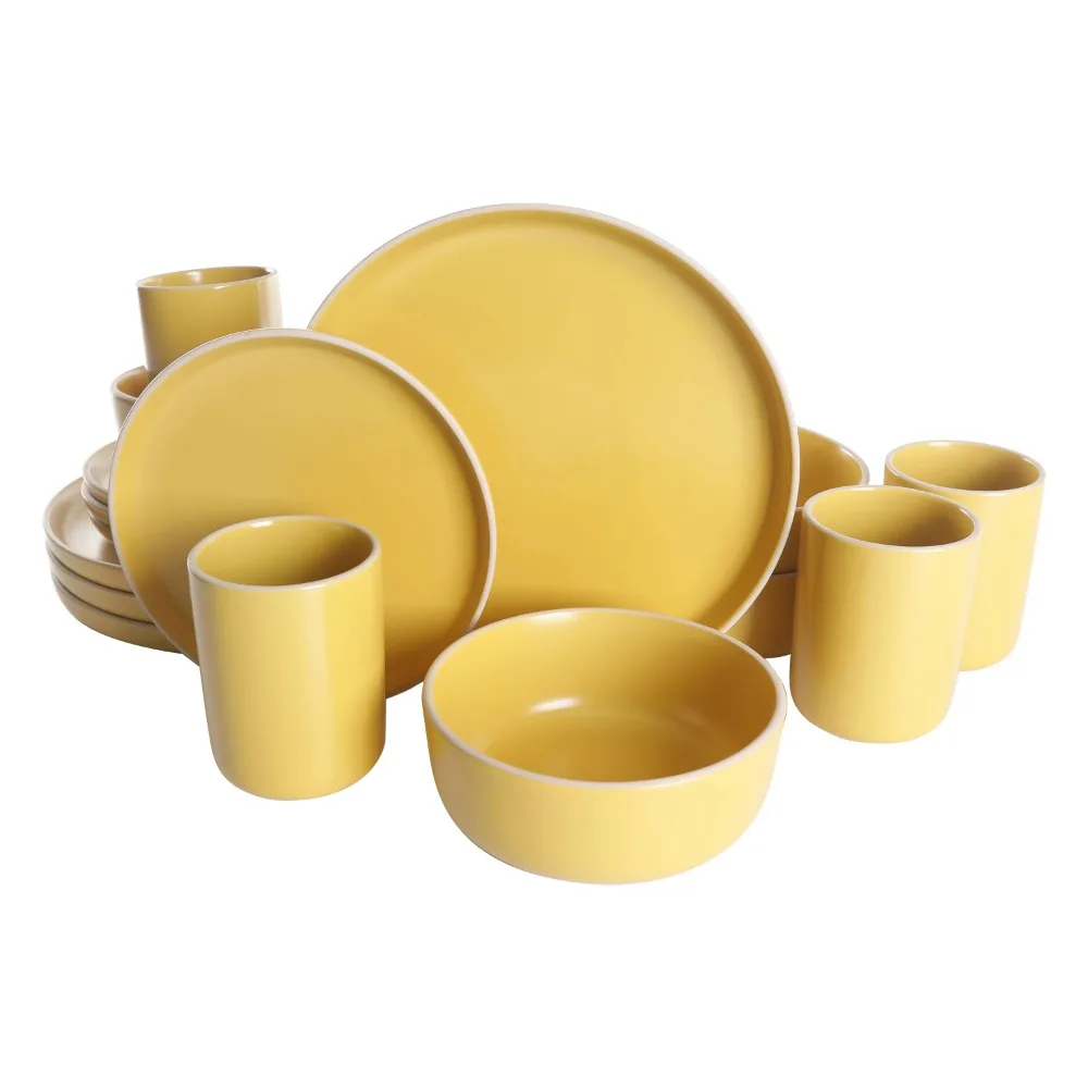 

Color Matte 16-Piece Round Yellow Stoneware Dinnerware Set dinner set plates and dishes kitchen items dinnerware set