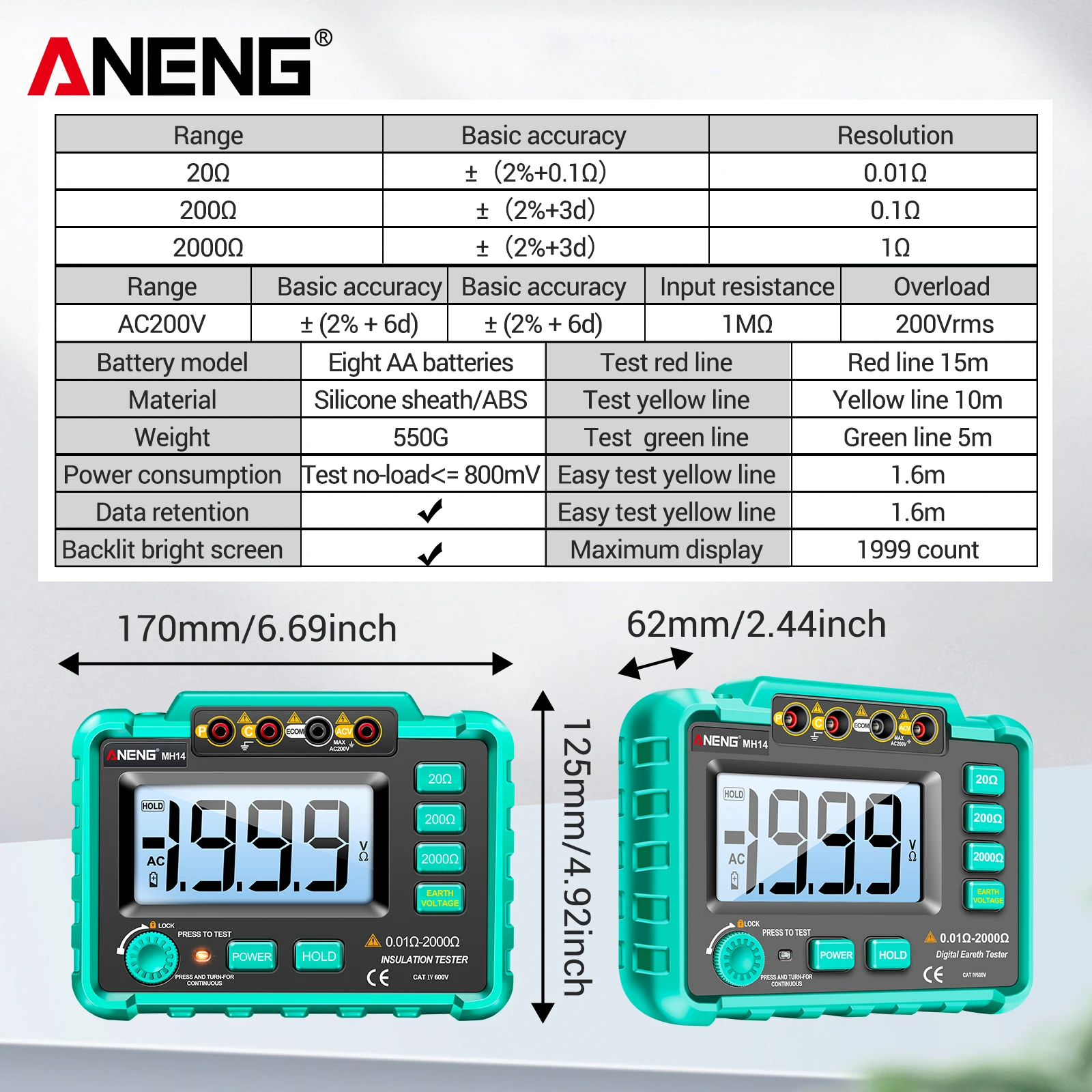 ANENG MH14 Electrical Insulation Resistance Tester Digital High-precision Resistance Grounding Voltage Measuring Meter