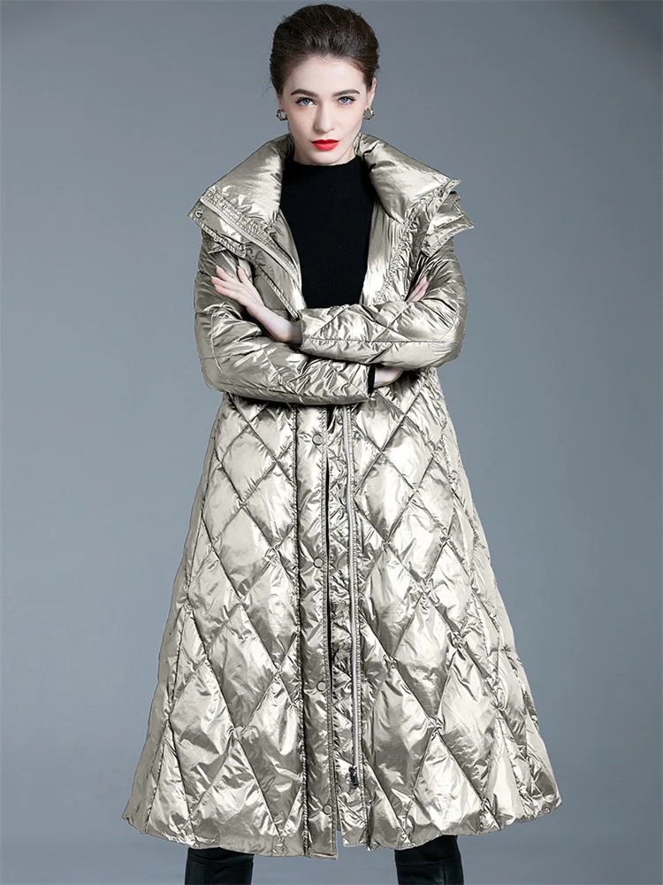 

Down Jacket Women Silver Gray Light Luxury High Quality Long Hooded Parkas Coat 2022 Winter New Temperament Slim Belt Clothing