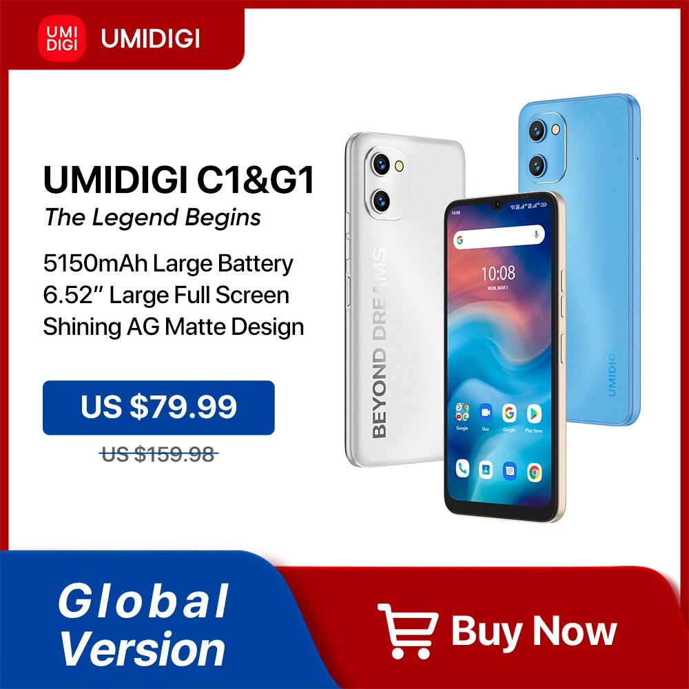 

Смартфон в наличии UMIDIGI C1 & G1, Android 12 Go, разблокированный, 2 ГБ 32 ГБ, 6,52 дюйма, основная камера 13 МП, аккумулятор 5150 мАч, сотовый телефон