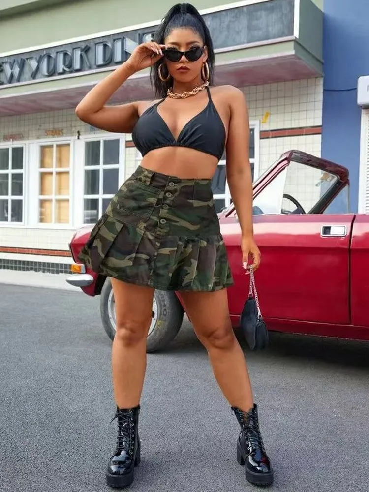 

Y2k Streetwear Womens Camouflage Camo Print Pleated Skater Skirts Stylish High Waist Button Down Above Knee Length Mini Skirts