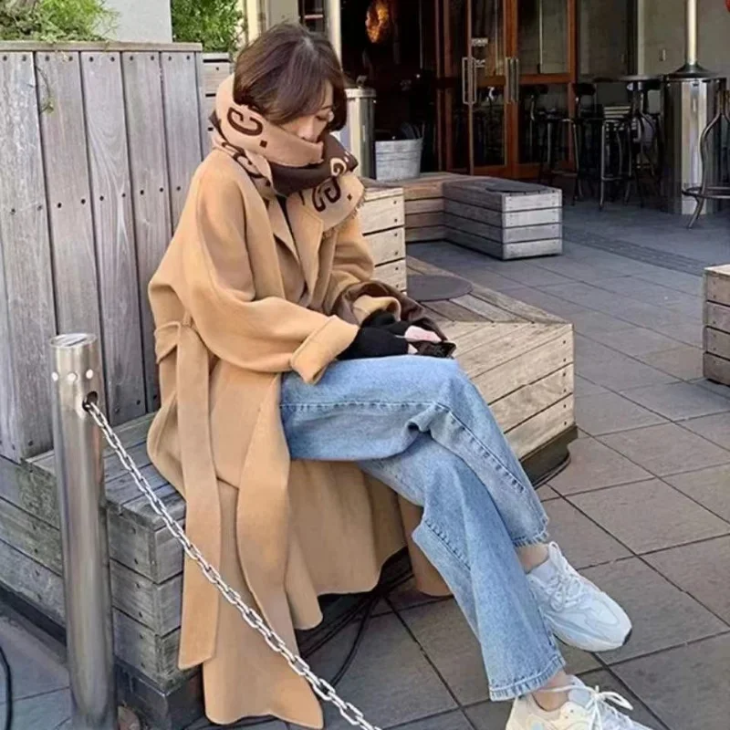 Fashion Autumn and Winter New Women's Windbreaker Puff Sleeves with Belt Waist Long Warm Wool Jacket Ladies High-quality Jacket