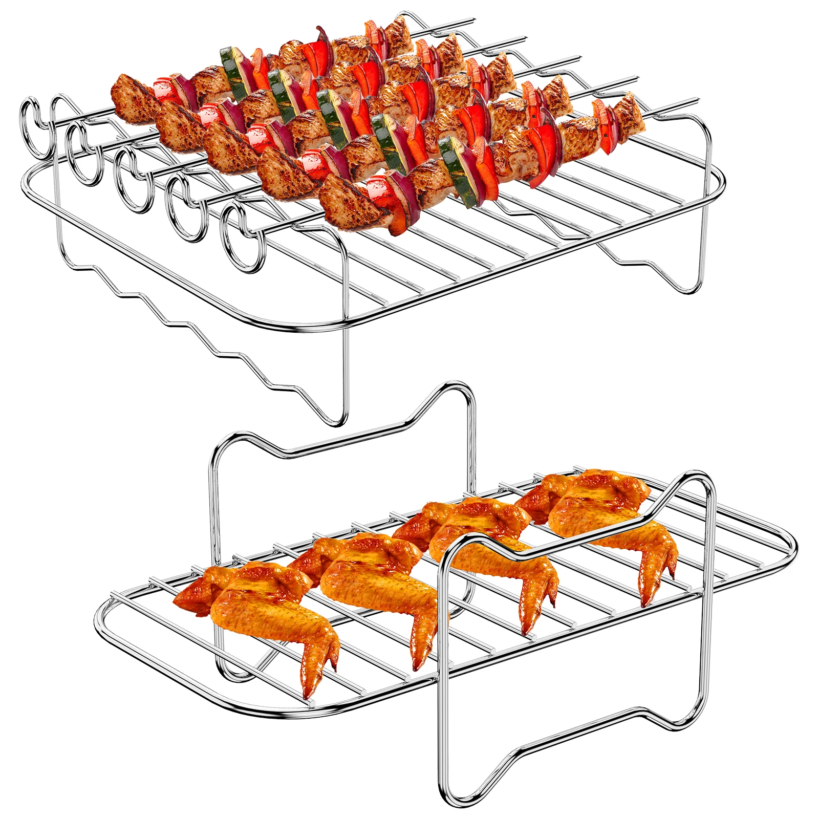 

New 2Pcs Air Fryer Racks with Skewers Stainless Steel Air Fryer Skewer Rack Reusable Air Fryer Grill Rack Dishwasher Safe Air