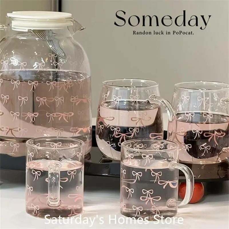 Bow Patter Water Glass Bottle Teapot Glass Cup Bow Handle Heat Resistant Lover Tea Sets Kettle Water Cup Bottle