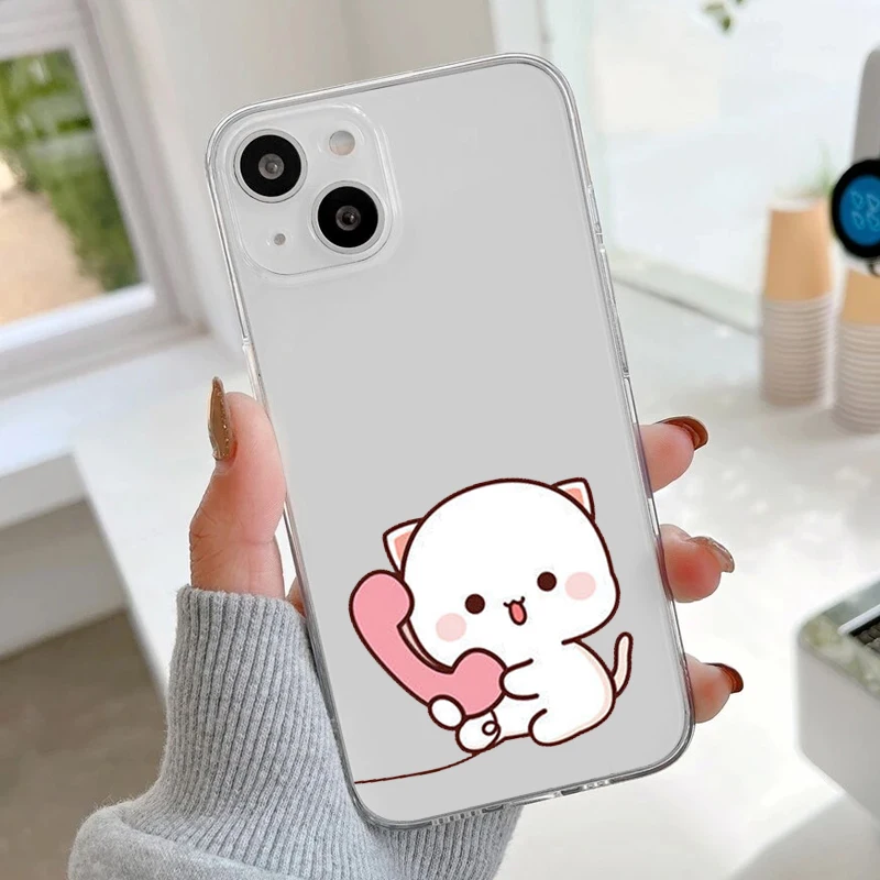 Cartoon Peach Mochi Cat Couple Soft Transparent Phone Case
