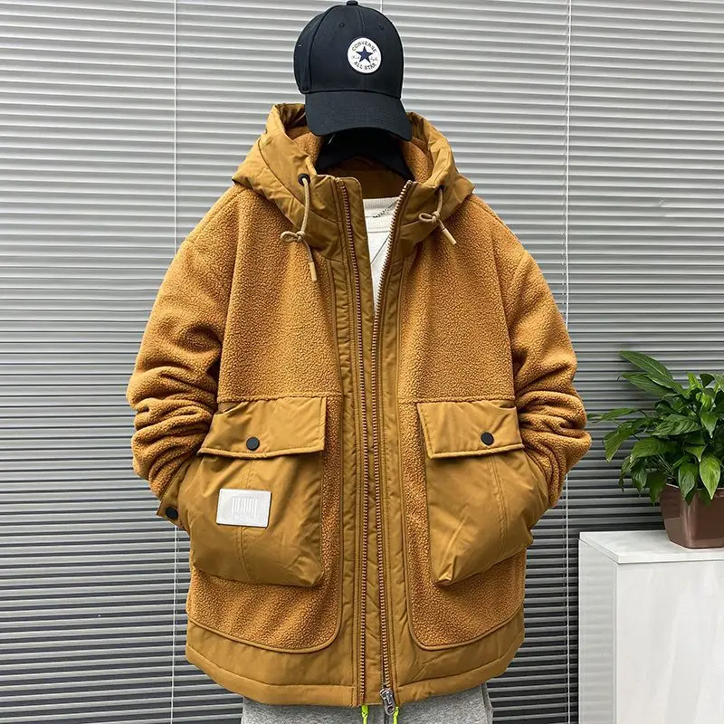 Winter Men's Padded Jackets Japan Style Spliced Lamb Wool Thick Parkas Workwear Large Pocket Long Padding Oversized Hooded Top