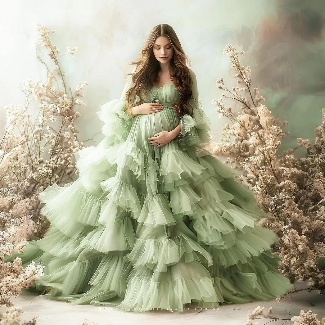 

Charming Mint Green Maternity Dresses for Photography Extra Ball Gown Tiered Tulle Maternity Dress Photoshoot Babyshower Gowns
