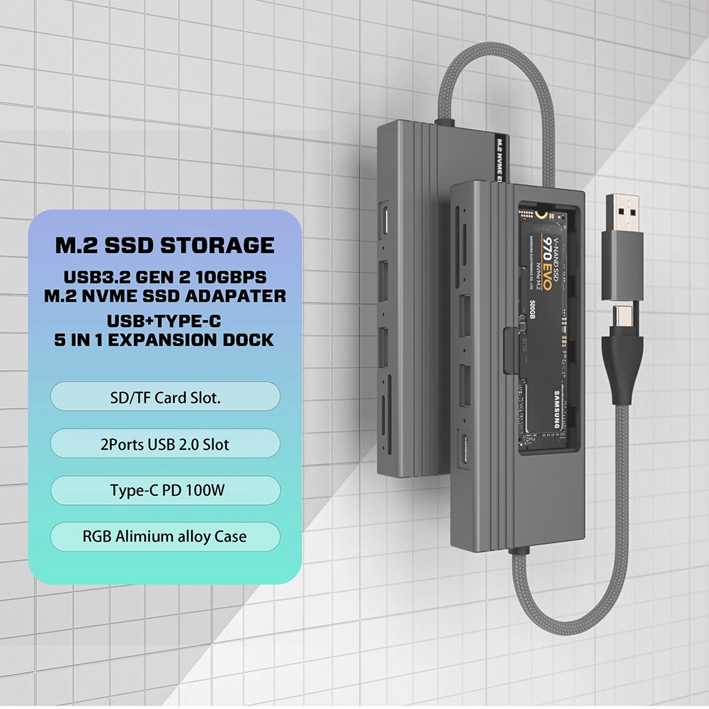 노트북용 M.2 NVMe SATA 하드 드라이브 케이스, C타입 독, 10Gbps 솔리드 스테이트 드라이브, PD100W, 2 USB 2.0 포트, SD/TF 카드 슬롯