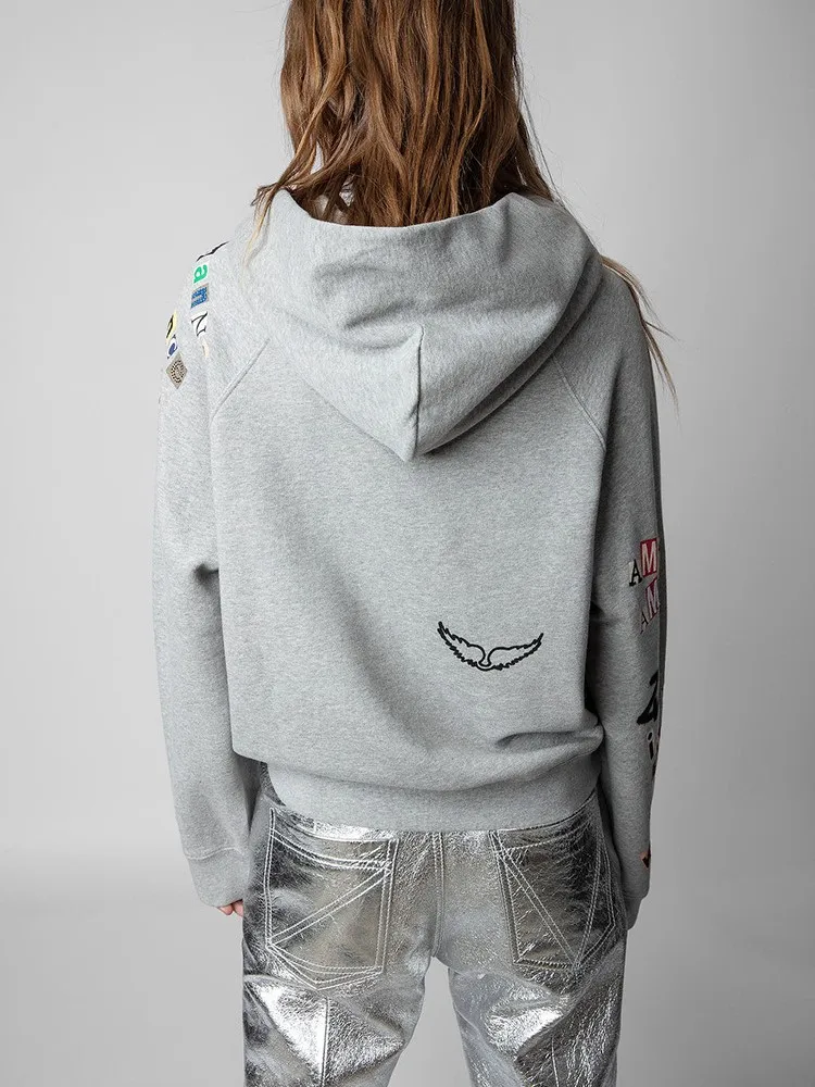 

Women Gray Hooded Sweatshirt Letter Embroidery Long Sleeve Streetwear 2023 Autumn Winter Cotton Hoodies