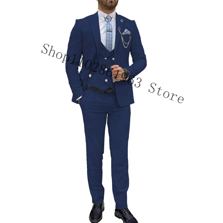 Royal Blue Elegant Wedding Suits For Men Slim Fit 3 Pieces Formal Male Tuxedos For Wedding Blazer+Vest+Pants Trajes De Hombre