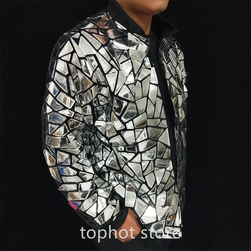 Shiny Mirror Jacket Bling Coat Male Stage Performance Costume Club Party Show Sequins Overcoat Rave Outfit Hip Hop Dance