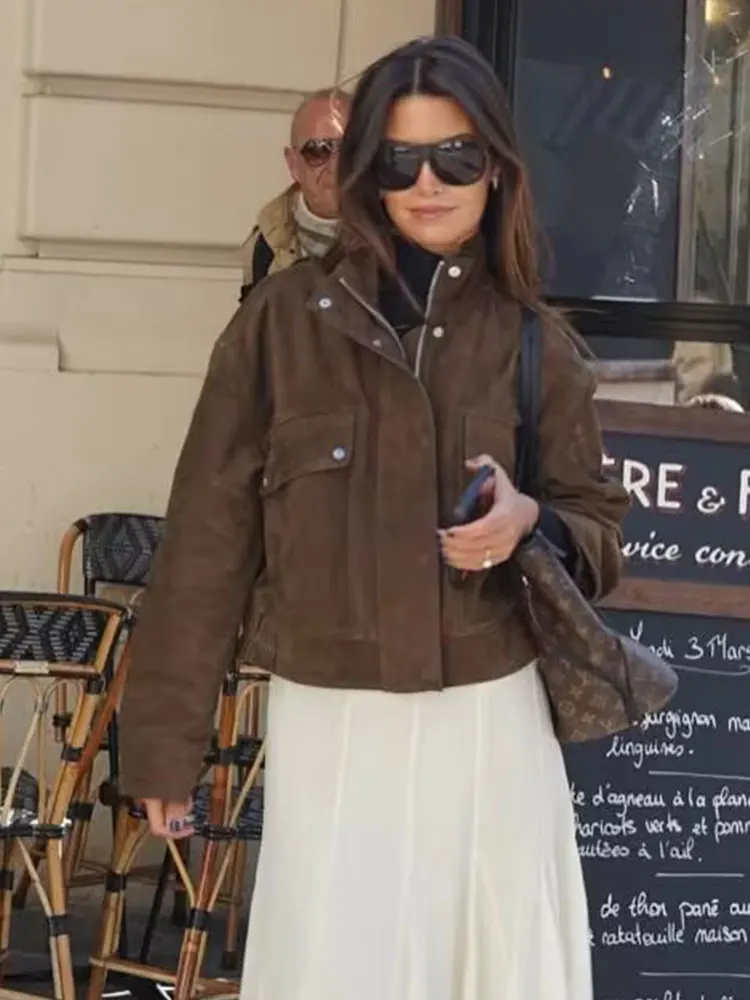 HH Women Vintage Solid Suede Coat Turtleneck Long Sleeve Zipper Bomber Jacket Outerwears Autumn Casual Female Streetwear