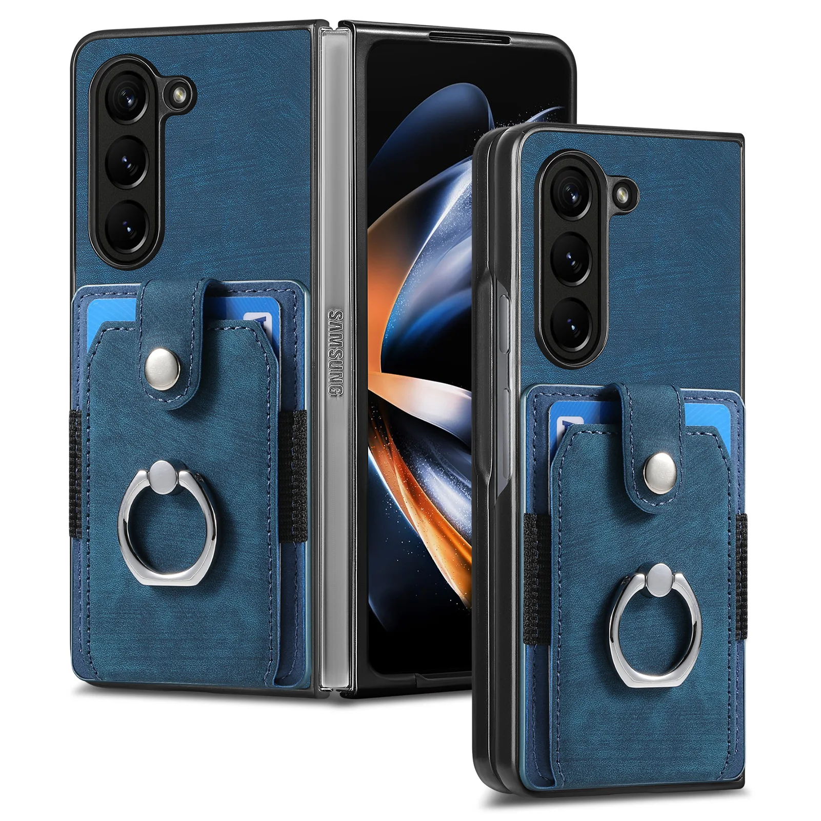 Retro Leather Ring Wallet Phone Case with Card Holder and Protective Cover