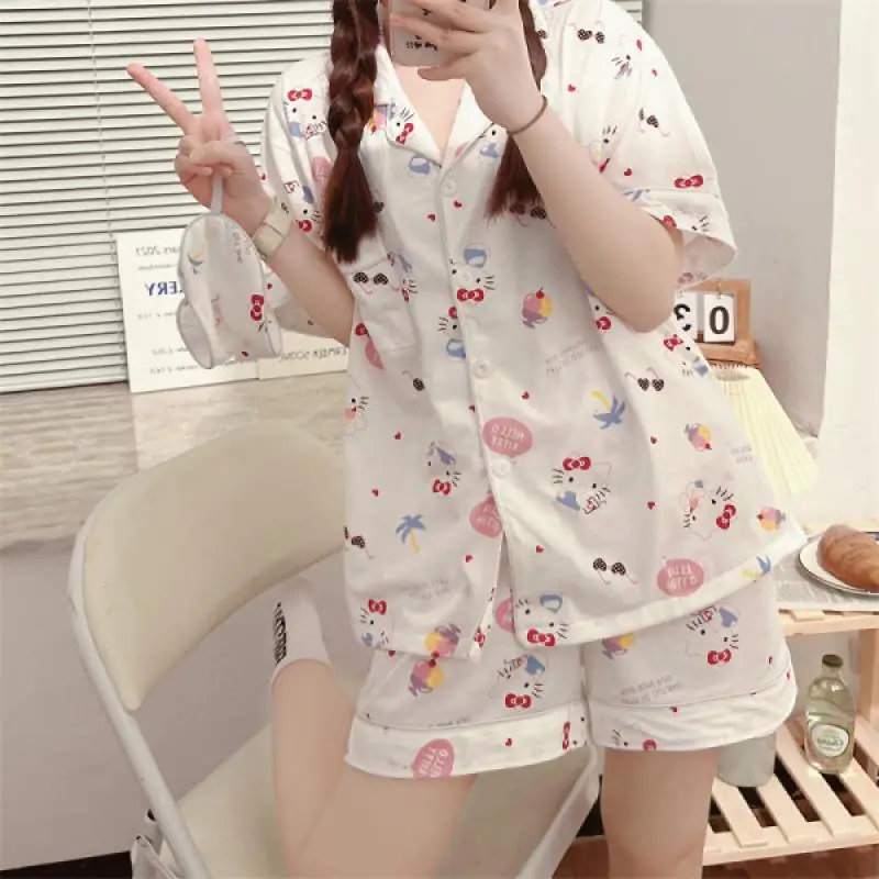 

Kawaii Sanrio летние хлопковые с коротким рукавом милые девушки Hellokitty Kuromi My Melody Cinnamoroll свободный пижамный комплект хлопковая одежда для отдыха