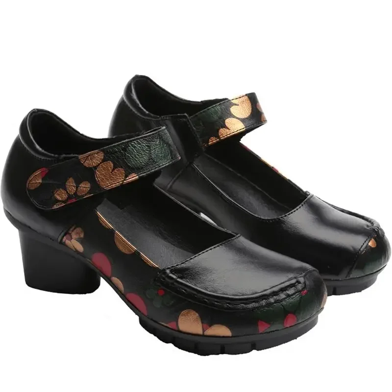 TIMETANG Soft Med Heels Vintage Style Genuine Leather Shoes Personality Casual Women's Pumps Summer Cowhide Retro Floral Handmad 3