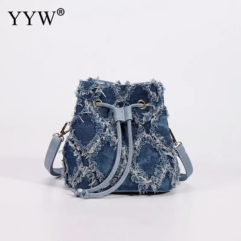 Casual New Fashion Tassel Handbag Bucket Bag Quality Retro Design Denim Bag For Women Denim Clutch Chain Shoulder Crossbody Bag