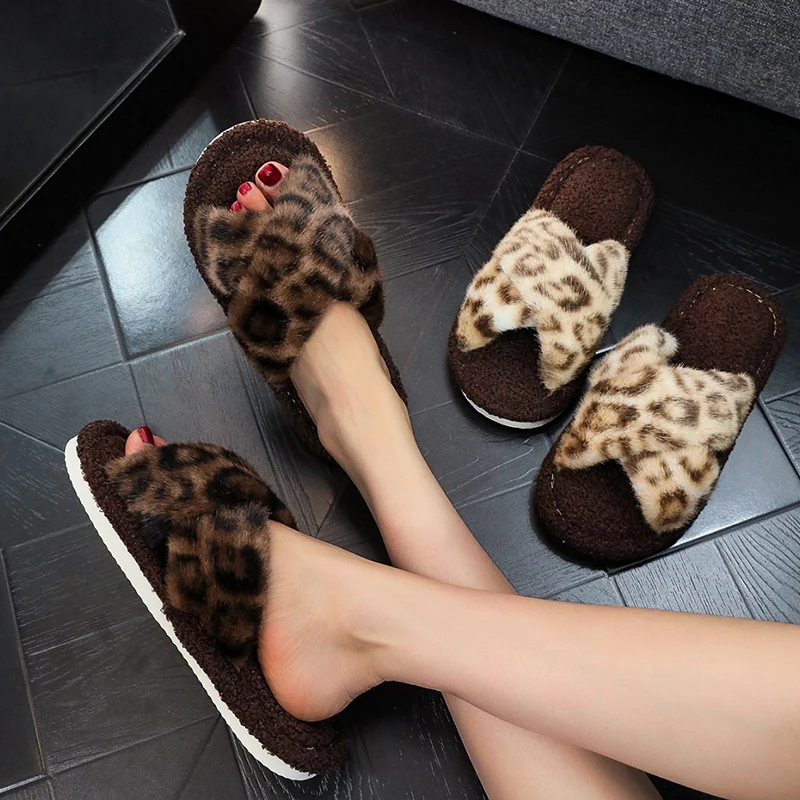 Fashion Leopard Print Fur Slippers for Women Cross Band Open Toe Warm Plush Home Slides Woman Flat Heels Indoor Bedroom Slippers