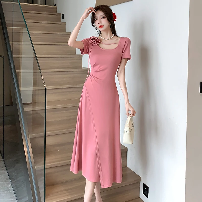 

Длинное платье Coigarsam, женские летние однотонные вязаные платья во французском стиле с коротким рукавом черного и розового цвета, 2024