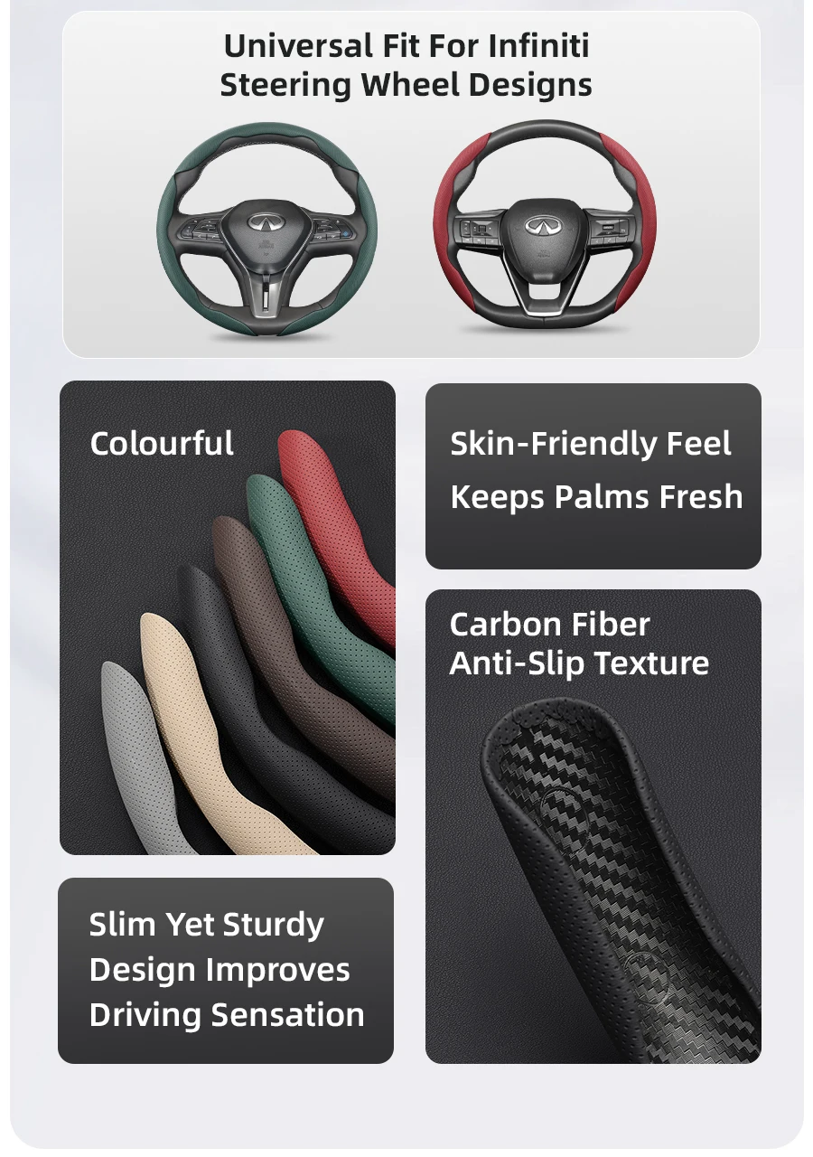 Geeignet für Infiniti, atmungsaktiver Loch-Leder-Lenkradbezug, segmentiertes Schnellverschluss-Design, rutschfest und langlebig, Q50 G37 Fx35 G35 Q45 Qx50 Qx60 Qx70 Ex25 Q30 Qx80 Q60 Q70 Q80 Q35 Q50L Qx55 – Detail 4
