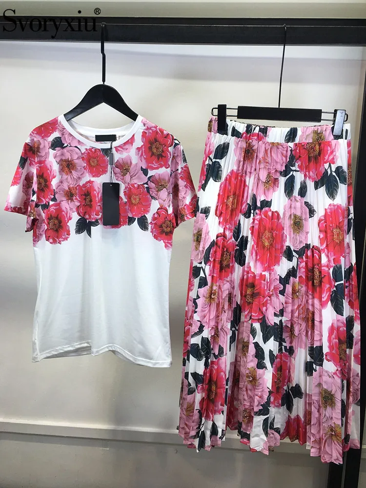 

Svoryxiu Summer Fashion Elegant Floral Print Big Swing Long Skirt Suit Women's O-Neck Long Style Loose Tops+A-Line Pleated Skirt