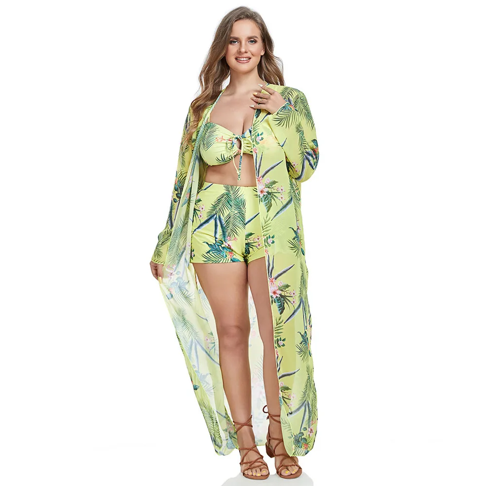 Swimsuit bikini printed beach sun protection blouse swimsuit three-piece suit summer beach holiday swimsuit sun protection