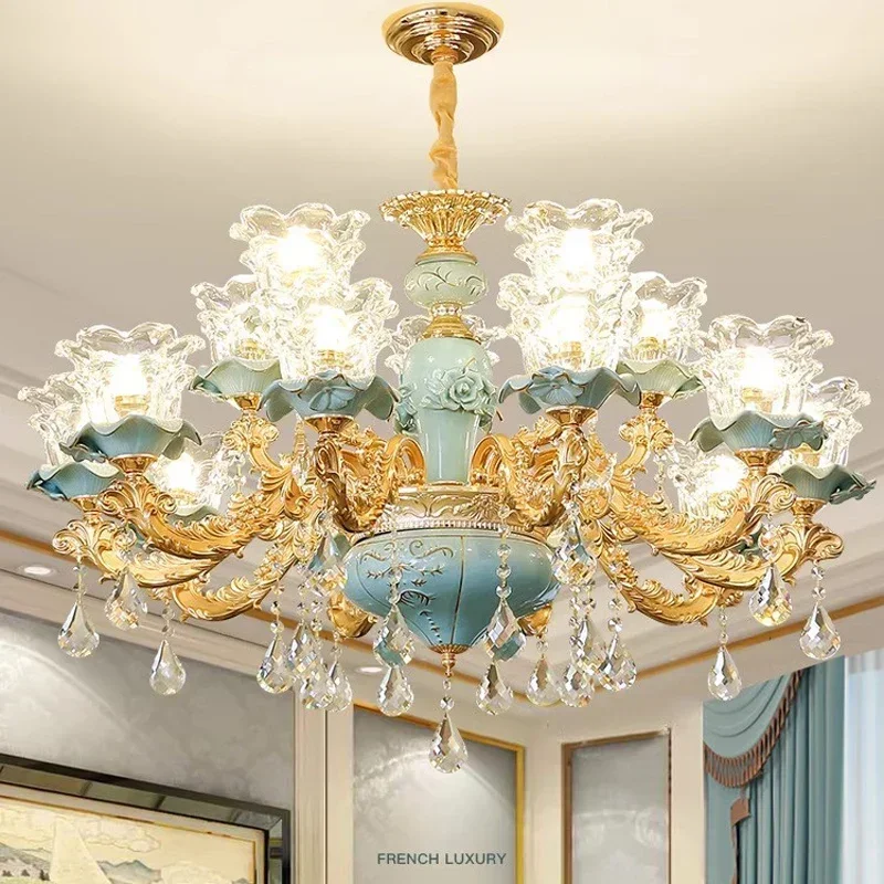 

European-Style Ceramic Retro Atmospheric Chandelier For Living Room Bedroom Model Room Villa Duplex Floor Chandelier