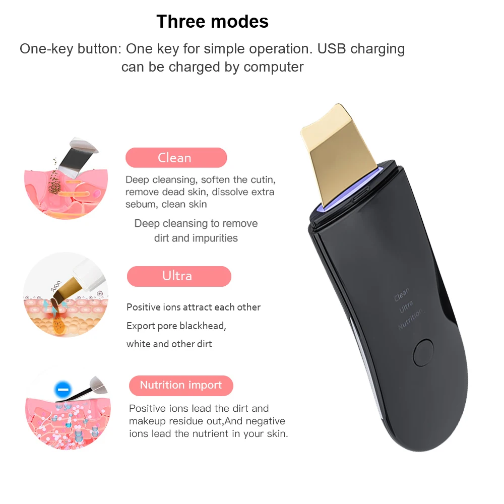 Ultrasonic Peeling Remover Blackhead Facial Skin Scrubber Facial Shovel Deep Cleaning Face Lifting Removal Pore Acne EMS Lift