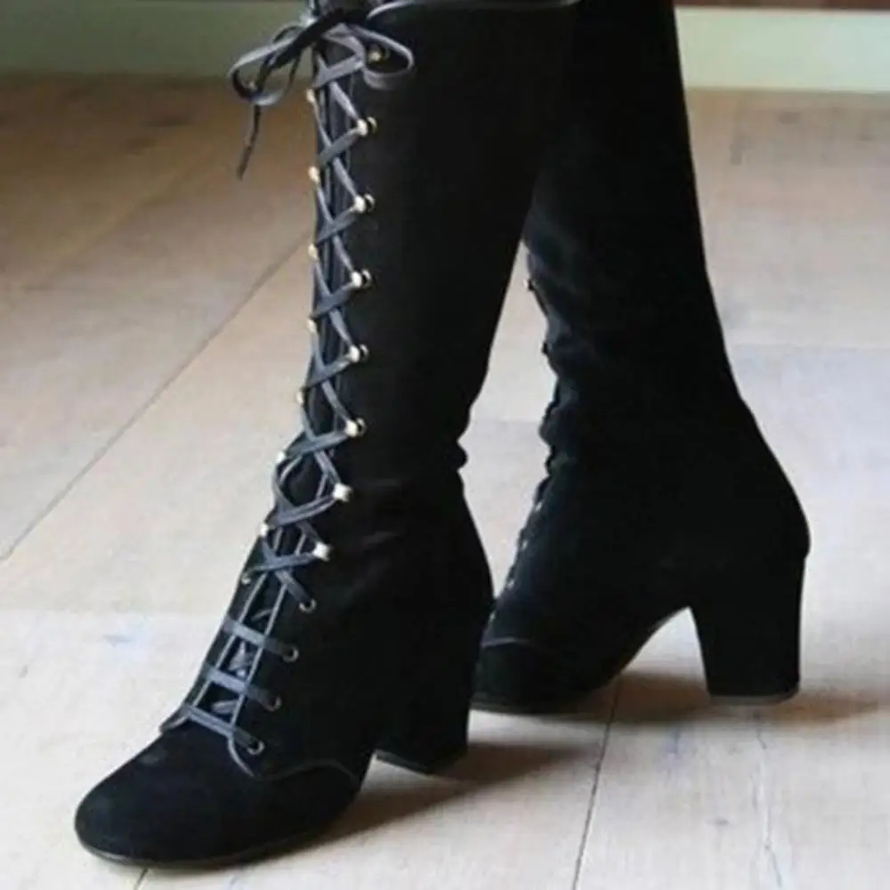 Black boots women Shoes knee high Women Casual Vintage Retro Mid-Calf Boots Lace Up Thick Heels Shoes women knee boots