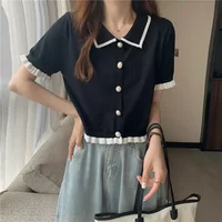 T-shirt court à boutons pour femmes, veste rayée patchwork, vêtements Y2K pour filles, pull coréen, chemise courte 6