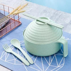 Eco - Friendly Wheat Straw Ramen Bowl Set with Lid and Utensils (Green)