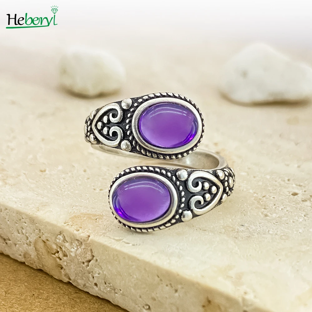 Vintage 925 Silver Ring with Natural Amethyst 6*8mm Adjustable Rings Flower Carved Stamping Bohemia Style Fine Jewelry for Women 1