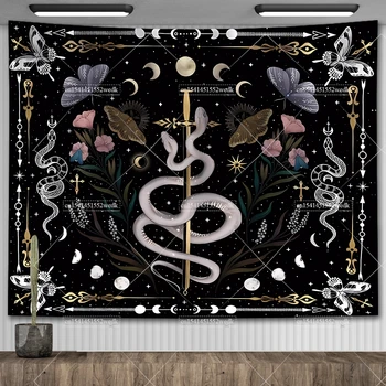 Tapisserie murale bohème psychédélique pour salon, phase de lune et étoiles, tapisserie serpent papillon, tissus d'autel de Tarot 1