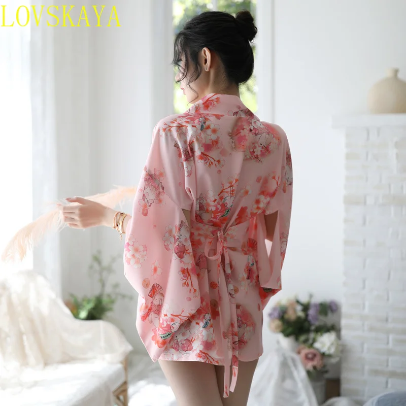 New tempting Japanese printed kimono provocative nightgown bathrobe set