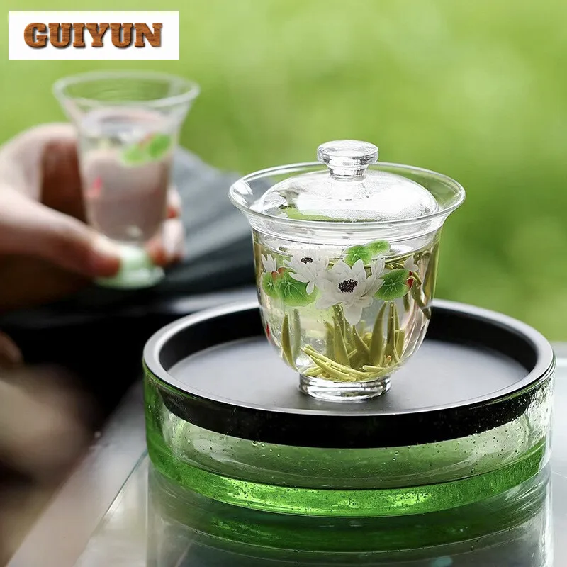150ml Exquisite Fish Play Glass Gaiwan Boutique Borosilicate Green Tea Special Tea Tureen Making Cover Bowl Supplies Craft