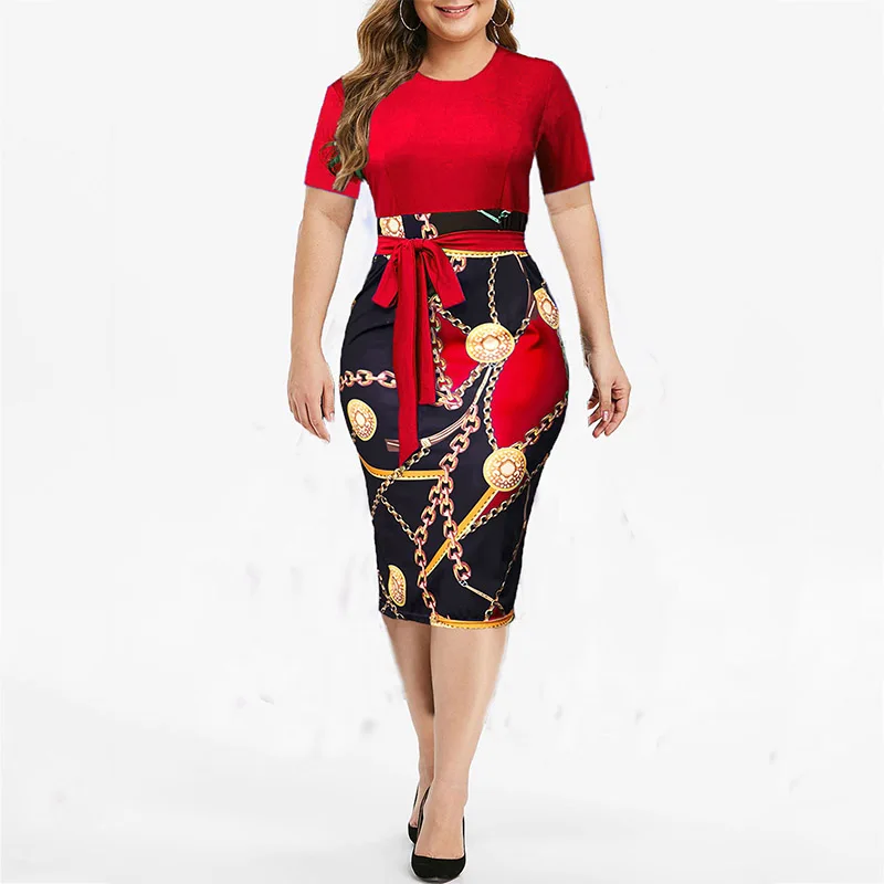 Vintage Print Plus Size Knee-length Dress Womens Summer Short Sleeve Midi Elegant Dresses Summer Sexy High Waist Robe 2021