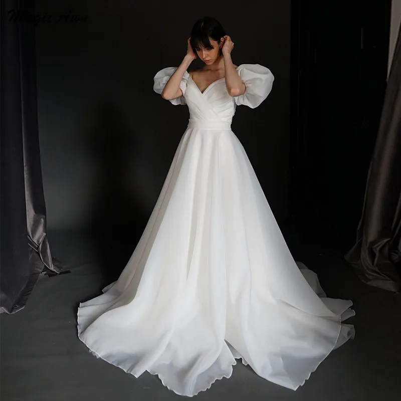 Magic Awn Off The Shoulder White Wedding Dresses Short Puffy Sleeves Boho Bridal Gowns For Women