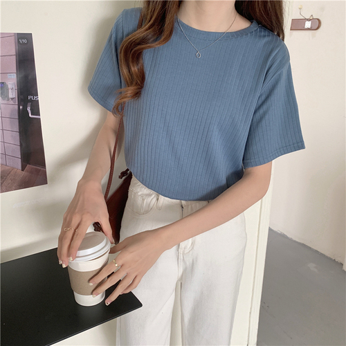 Women's Solid Color Short-sleeved Knitted T-shirt Casual O-Neck all-match Tops Female loose Pullover Tees Shirt Streewear