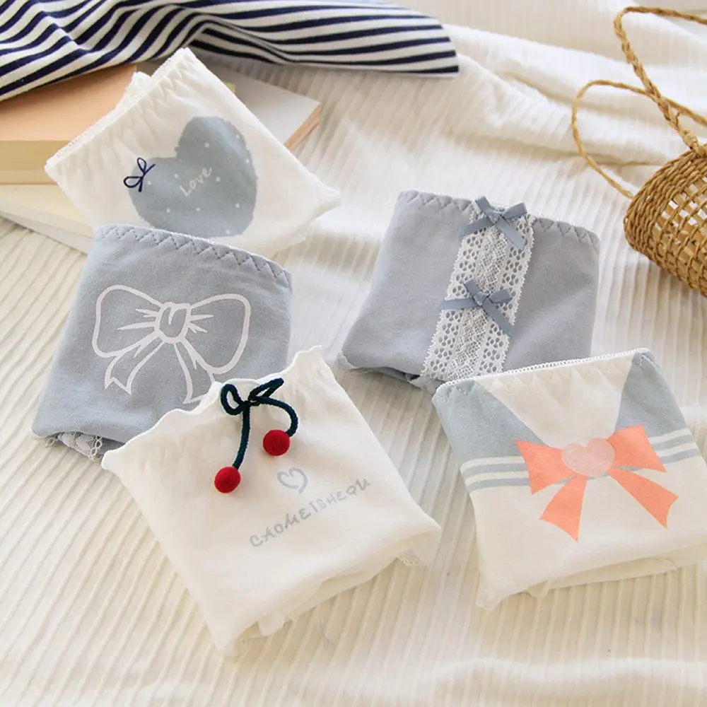 

Cute Love Heart Preppy Style Girls Fungus Underwear Mid-Waist Panties Bow Lingerie Women Underwear Ruffle Lace Briefs