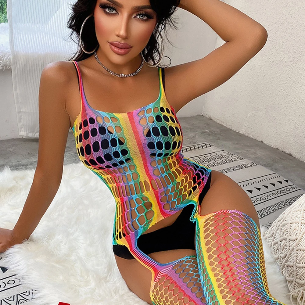 Women Underwear Sexy Lingerie Rainbow Fishnet Body Stockings Lingerie Open Crotch Underwear Suspender Babydoll Mesh Tight