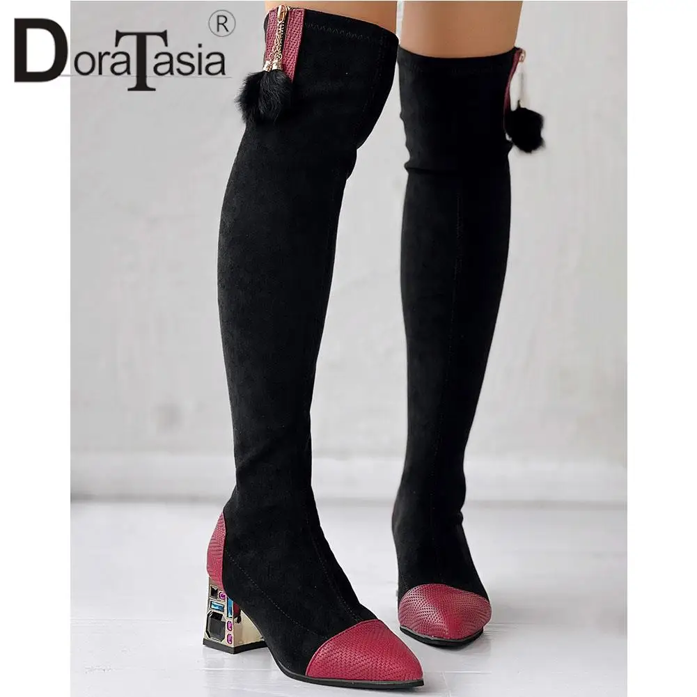 Brand New Ladies Pointed Toe Thigh High Boots Fashion Patchwork Chunky Heel women's Over The Knee Boots Casual Party Woman Shoes