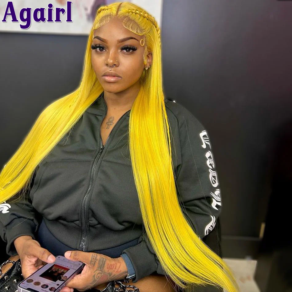 

Bright Lemon Yellow Transparent 13x4 13x6 Lace Front Wig Brazilian Hair Wigs 100% Human Hair For Women 613 Colored Straight Wig