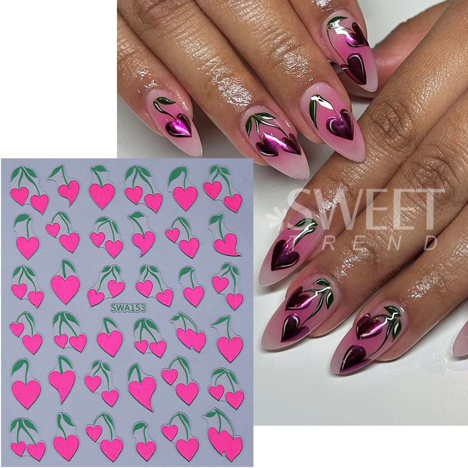 2pcs Valentine's Day Nail Stickers Heart-shaped Cherry Leaves Self-adhesive Nail Decals Sweet DIY Manicure Decoration Sliders