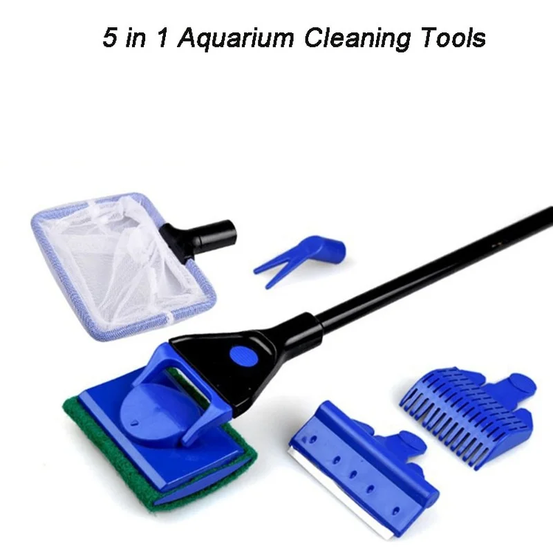 Aquarium Cleaning Tools 5 in 1  Aquarium Tank Clean Set Fish Net Gravel Rake Algae Scraper Fork Sponge Brush Glass Cleaner