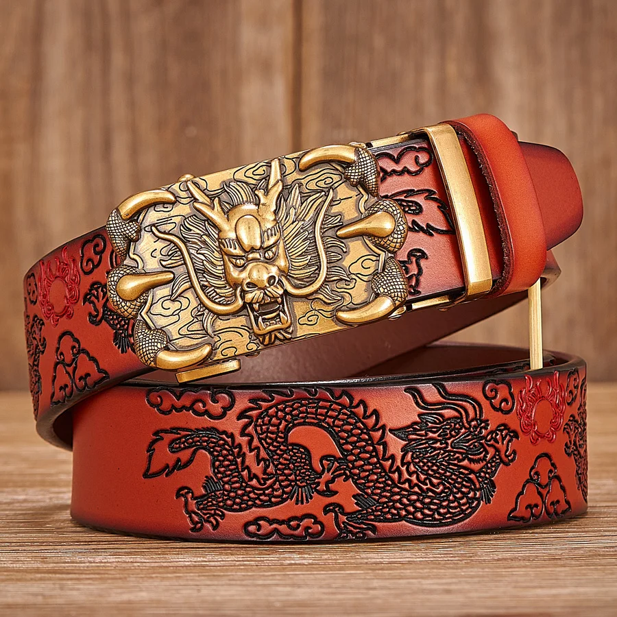 Men Belt Genuine Leather New High Quality Cowhide Handmade Men Waistbands Chinese Dragon Pressed Straps Male Designer Belts