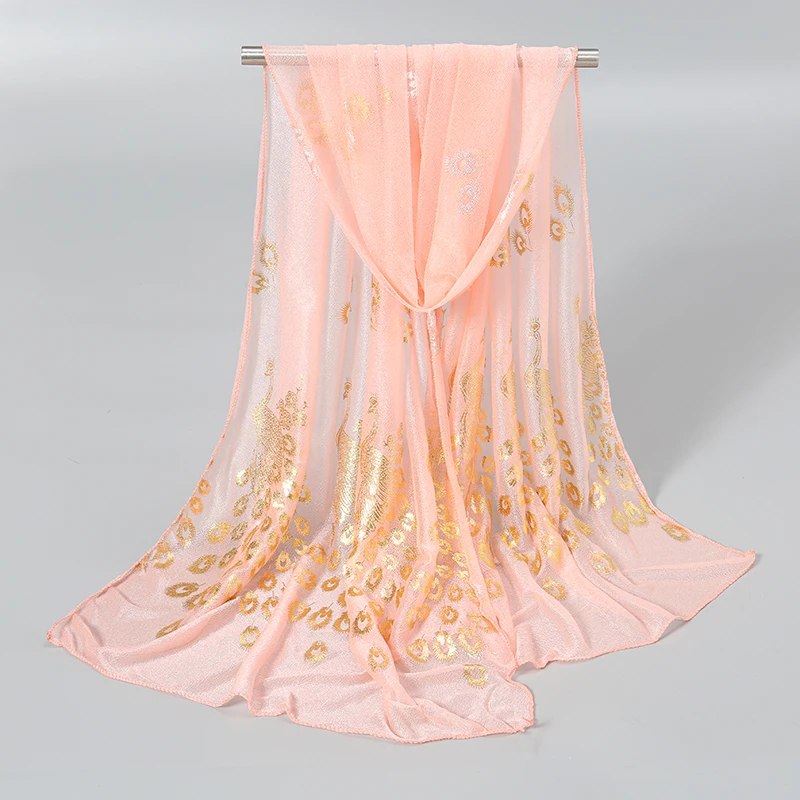 Peacock Printed Hijab Scarf Women Gold Glitter Shawl Scarf Women Elegant Long Shawl Hijab Scarfs Pashmina Women Scarf 170*60cm